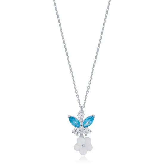 Aquamarine CZ Flower Summer Collection Silver Necklace Aquamarine CZ Flower Summer Collection Silver Necklace