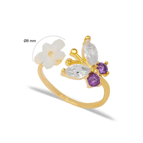 Amethyst Flower Open Butterfly Adjustable Silver Ring