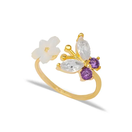 Amethyst Flower Open Butterfly Adjustable Silver Ring