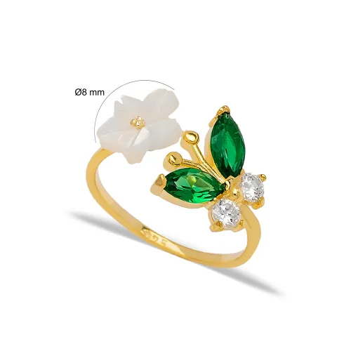 Emerald Flower Open Butterfly Adjustable Silver Ring