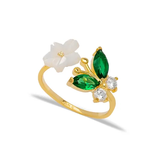 Emerald Flower Open Butterfly Adjustable Silver Ring