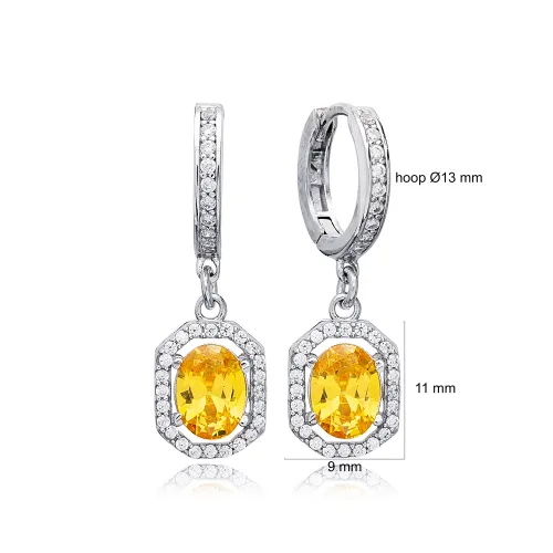 Yellow Citrine Oval Halo Hoop Sterling Silver Earrings