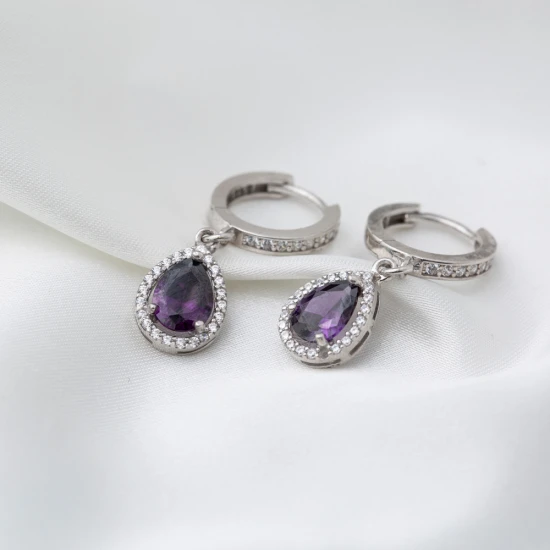 Amethyst Pear Drop Shape Dangle 925 Silver Earrings | 925 Sterling Silver Wholesale | Sade Silver Amethyst Pear Drop Shape Dangle 925 Silver Earrings - Sade 925 Silver Jewelry