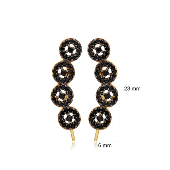 Round Black CZ Climber 925 Sterling Silver Earrings