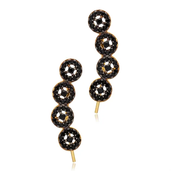 Round Black CZ Climber 925 Sterling Silver Earrings