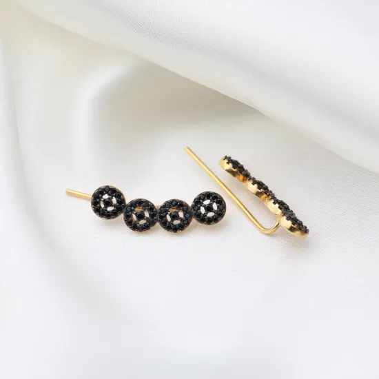 Round Black CZ Climber 925 Sterling Silver Earrings