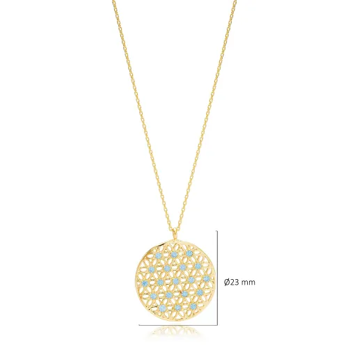 Tradational Round Aquamarine Flower 925 Silver Necklace
