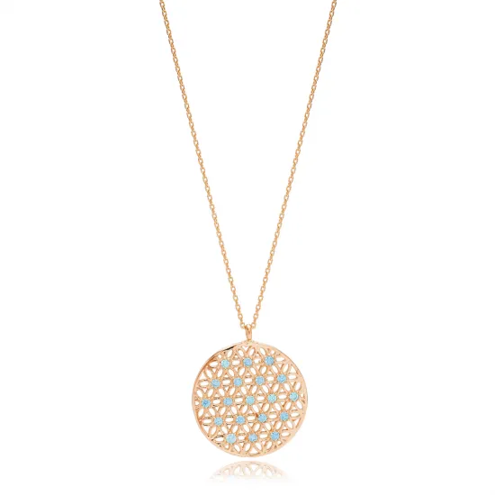 Tradational Round Shape Aquamarine Stone Flower Design Necklace Turkish Wholesale 925 Sterling Silver Jewelry Tradational Round Shape Aquamarine Stone Flower Design Necklace Turkish Wholesale 925 Sterling Silver Jewelry