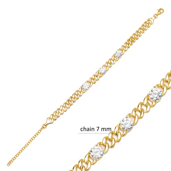Round CZ Gourmet Chain 925 Sterling Silver Bracelet