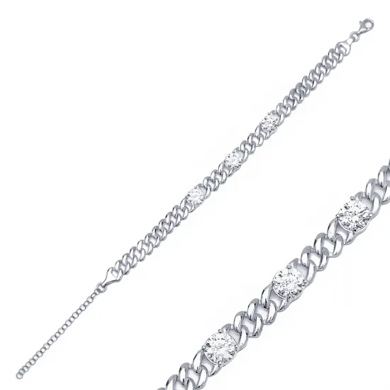 Round CZ Gourmet Chain 925 Sterling Silver Bracelet