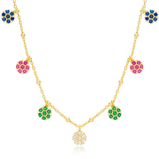 Colorful Flower Dainty Shaker Sterling Silver Necklace | 925 Sterling Silver Wholesale | Sade Silver Colorful Flower Dainty Shaker Sterling Silver Necklace - Sade 925 Silver Jewelry