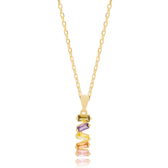 Dainty Multicolor Mix Baguette Sterling Silver Necklace - Sade 925 Silver Jewelry