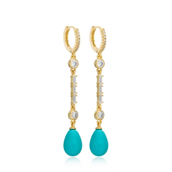 Turquoise Mallorca Pearl Drop Long 925 Silver Earrings