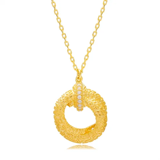 Unique Shape Dainty Round Design Textured Charm Necklace Turkish Wholesale 925 Silver Jewelry