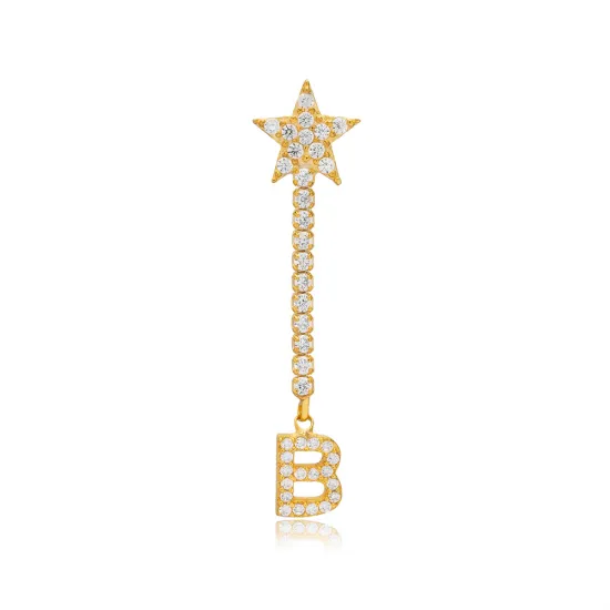 Single Long Star And Initial C Letter Silver Earrings Single Long Star And Initial C Letter Silver Earrings