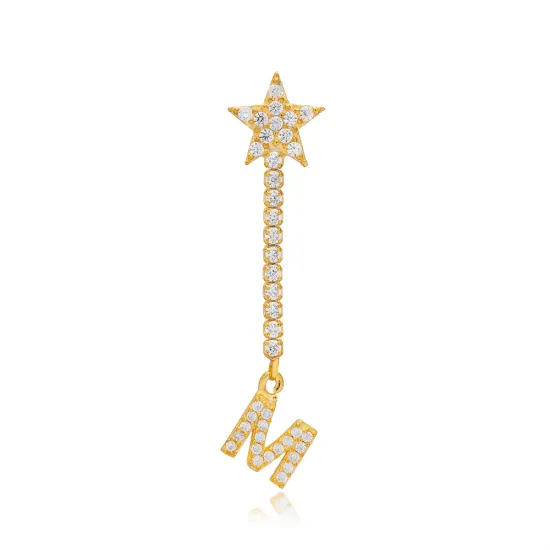 Single Long Star And Initial C Letter Silver Earrings Single Long Star And Initial C Letter Silver Earrings