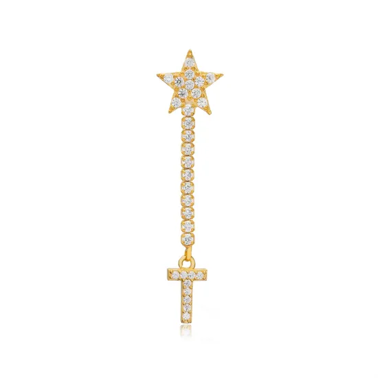 Single Long Star And Initial C Letter Silver Earrings Single Long Star And Initial C Letter Silver Earrings