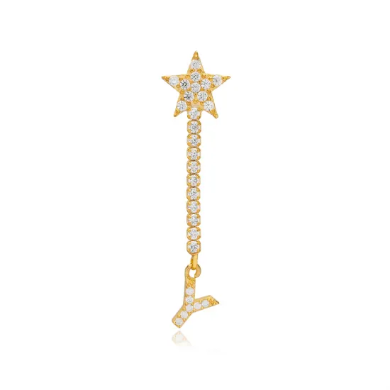 Single Long Star And Initial C Letter Silver Earrings Single Long Star And Initial C Letter Silver Earrings