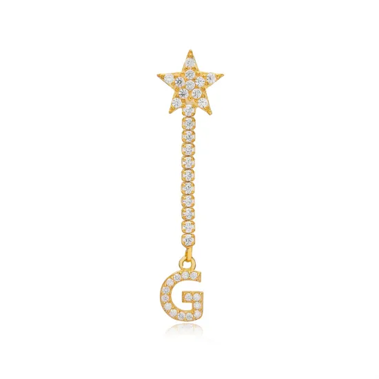 Single Long Star And Initial D Letter Silver Earrings