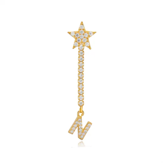 Single Long Star And Initial D Letter Silver Earrings