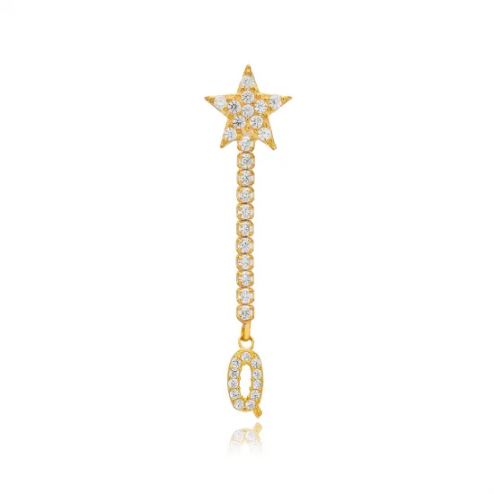 Single Long Star And Initial D Letter Silver Earrings