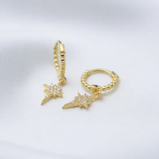 North Star Shape Dangle Earrings Trendy Ball Hoop Women 925 Sterling Silver Jewelry