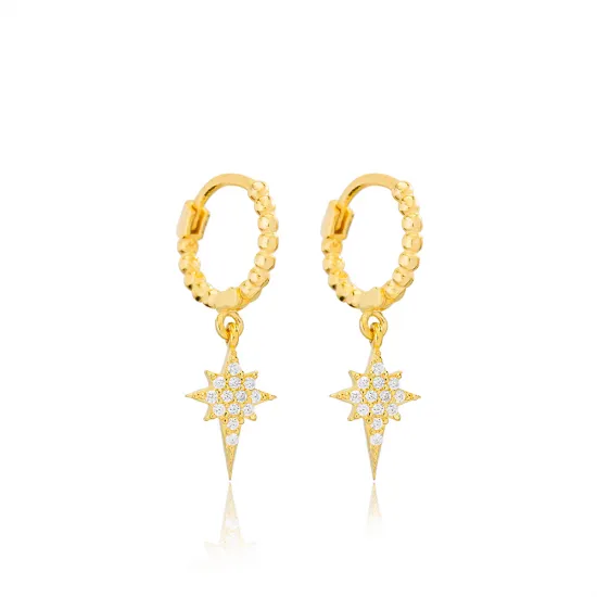 North Star Shape Dangle Earrings Trendy Ball Hoop Women 925 Sterling Silver Jewelry