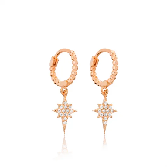 North Star Shape Dangle Earrings Trendy Ball Hoop Women 925 Sterling Silver Jewelry