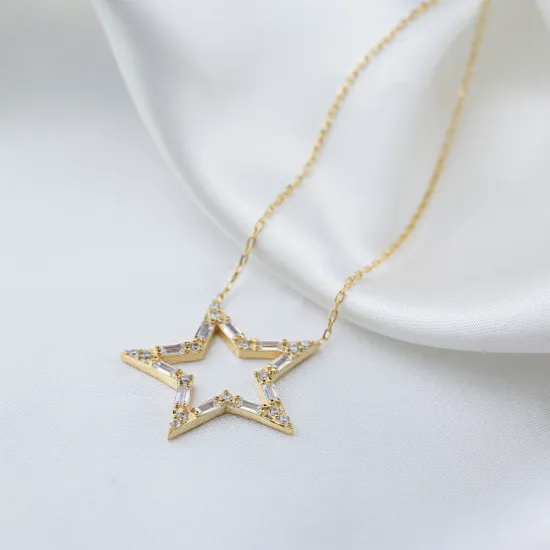 Dainty Star Baguette CZ Stone Charm Necklace Pendant 925 Sterling Silver Jewelry