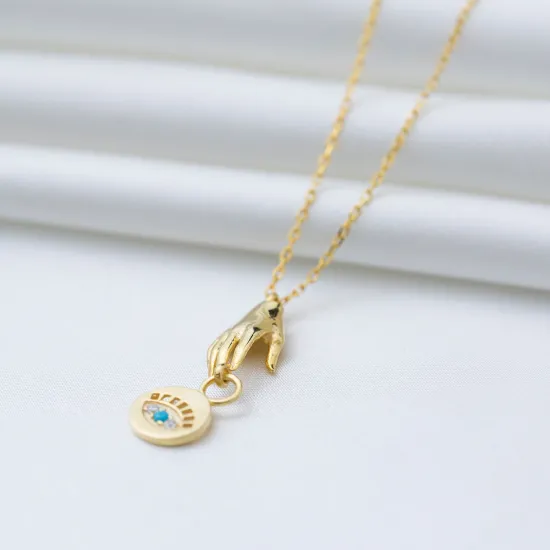 Evil Eye Hand Design Turquoise Stone Charm Necklace Pendant 925 Sterling Silver Jewelry