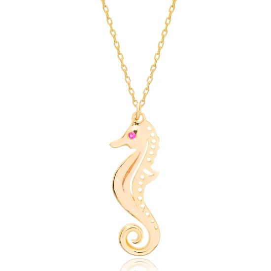 Seahorse Ruby 925 Sterling Silver Necklace | 925 Sterling Silver Wholesale | Sade Silver Seahorse Ruby 925 Sterling Silver Necklace - Sade 925 Silver Jewelry