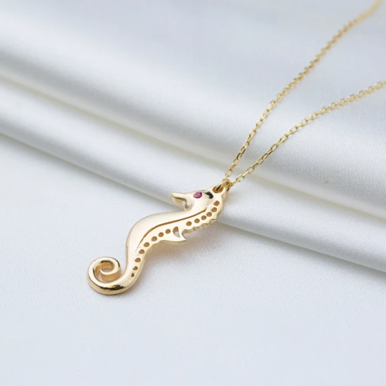 Seahorse Ruby 925 Sterling Silver Necklace | 925 Sterling Silver Wholesale | Sade Silver Seahorse Ruby 925 Sterling Silver Necklace - Sade 925 Silver Jewelry