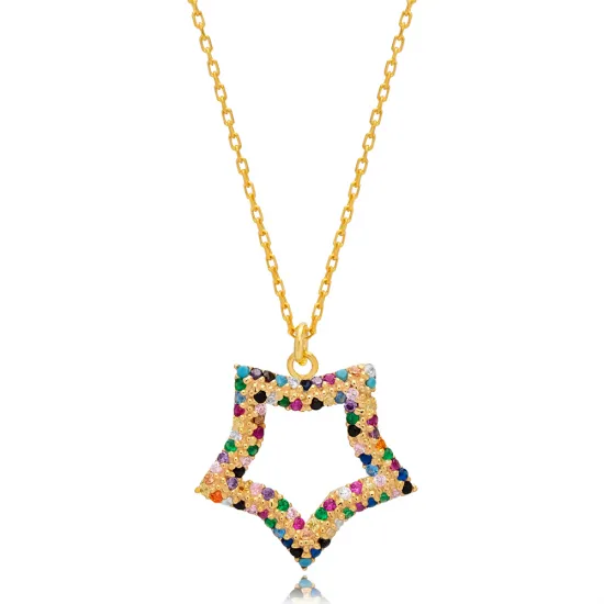 Star Design Rainbow Stone Charm Pendant Turkish Handmade 925 Sterling Silver Jewelry
