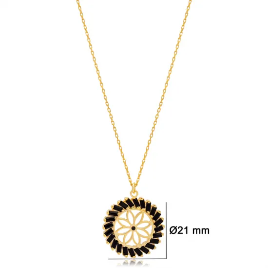Flower Black Baguette Round Shape 925 Silver Pendant Flower Black Baguette Round Shape 925 Silver Pendant