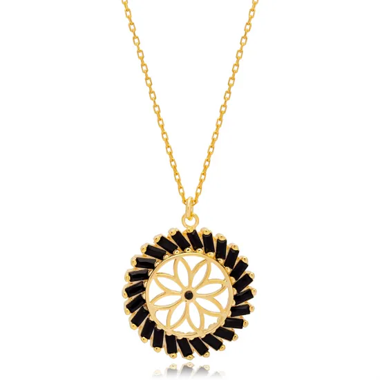 Flower Black Baguette Round Shape 925 Silver Pendant Flower Black Baguette Round Shape 925 Silver Pendant