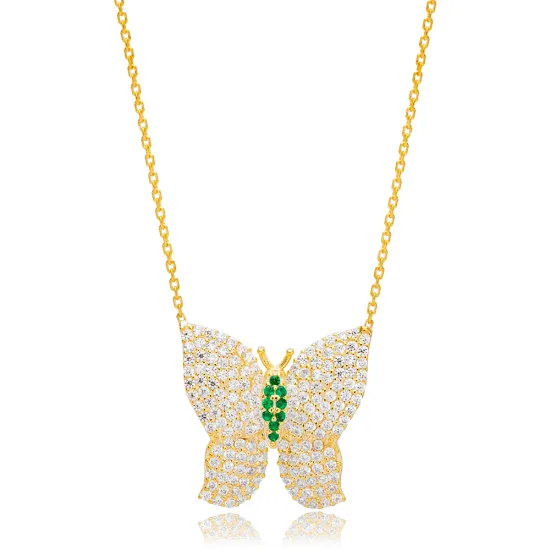 Butterfly Design Zircon with Emerald Stone Animal Charm Pendant Turkish Handmade 925 Sterling Silver Jewelry Butterfly Design Zircon with Emerald Stone Animal Charm Pendant Turkish Handmade 925 Sterling Silver Jewelry