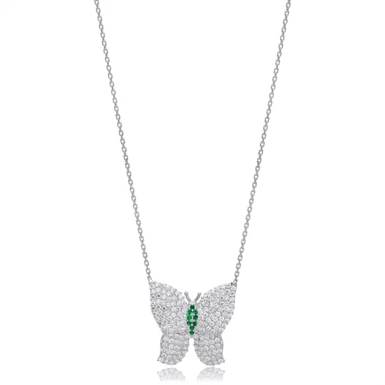 Butterfly Design Zircon with Emerald Stone Animal Charm Pendant Turkish Handmade 925 Sterling Silver Jewelry Butterfly Design Zircon with Emerald Stone Animal Charm Pendant Turkish Handmade 925 Sterling Silver Jewelry