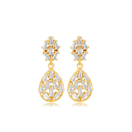CZ Pear Shape Baguette Cluster Sterling Silver Earrings