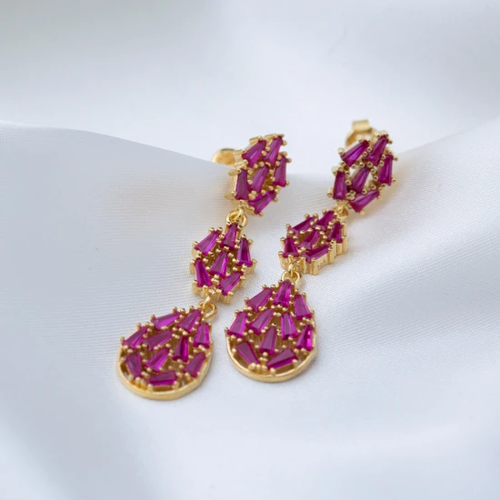 Ruby Dangle Push Back Baguette Sterling Silver Earrings | 925 Sterling Silver Wholesale | Sade Silver Ruby Dangle Push Back Baguette Sterling Silver Earrings - Sade 925 Silver Jewelry