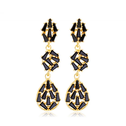 Black CZ Dangle Push Back Baguette 925 Silver Earrings