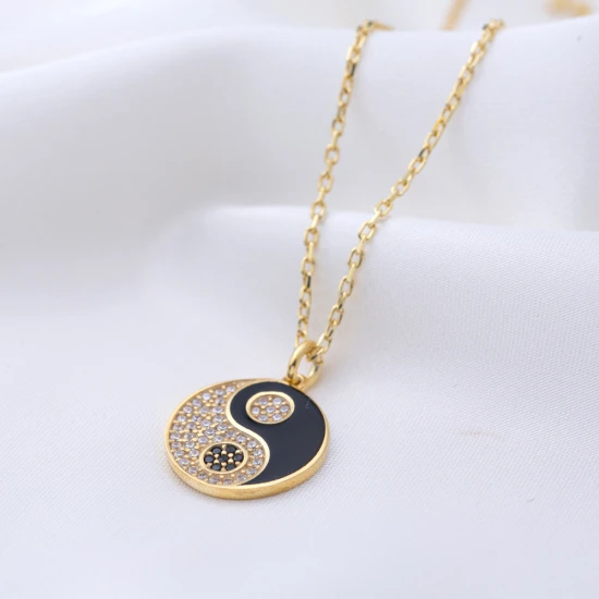 Yin Yang Black Enamel CZ 925 Sterling Silver Pendant