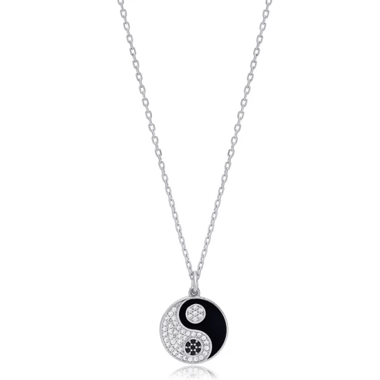 Yin Yang Black Enamel CZ 925 Sterling Silver Pendant