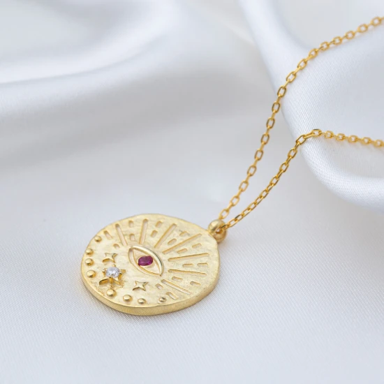 Evil Eye In Medallion Ruby 925 Sterling Silver Pendant | 925 Sterling Silver Wholesale | Sade Silver Evil Eye In Medallion Ruby 925 Sterling Silver Pendant - Sade 925 Silver Jewelry