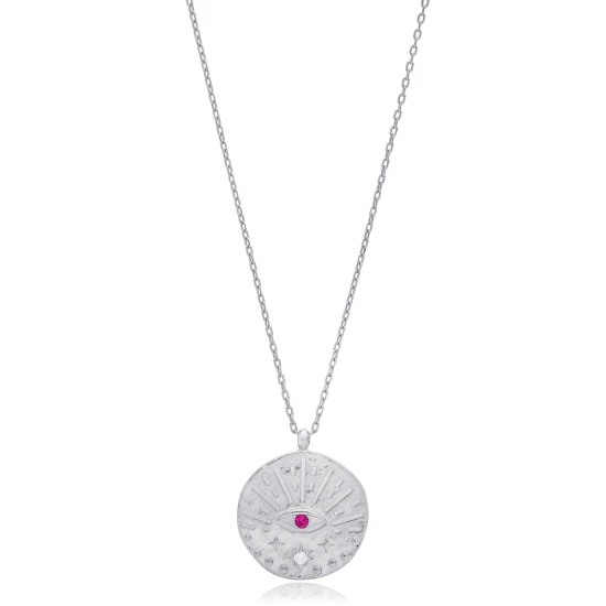 Evil Eye In Medallion Ruby 925 Sterling Silver Pendant | 925 Sterling Silver Wholesale | Sade Silver Evil Eye In Medallion Ruby 925 Sterling Silver Pendant - Sade 925 Silver Jewelry