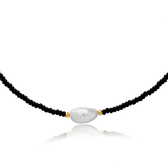 Black Beaded With Pearl 925 Sterling Silver Necklace Black Beaded With Pearl 925 Sterling Silver Necklace