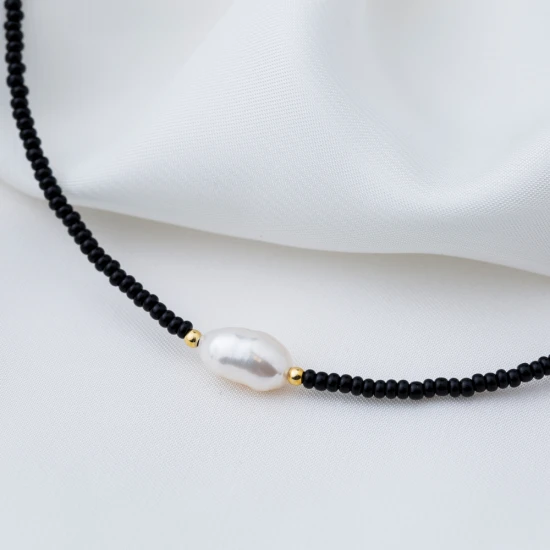 Black Beaded With Pearl 925 Sterling Silver Necklace Black Beaded With Pearl 925 Sterling Silver Necklace