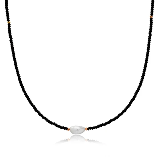 Black Beaded With Pearl 925 Sterling Silver Necklace Black Beaded With Pearl 925 Sterling Silver Necklace