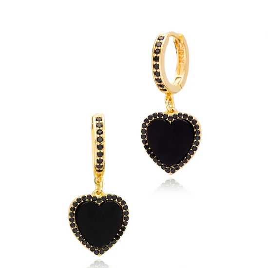 Mother Of Pearl Heart Black CZ Dangle Silver Earrings | 925 Sterling Silver Wholesale | Sade Silver Mother Of Pearl Heart Black CZ Dangle Silver Earrings - Sade 925 Silver Jewelry