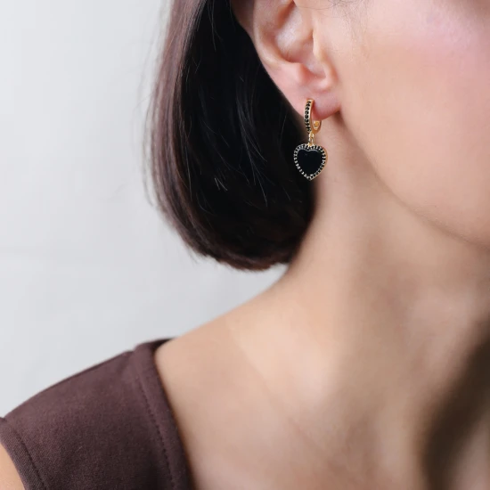 Mother Of Pearl Heart Black CZ Dangle Silver Earrings | 925 Sterling Silver Wholesale | Sade Silver Mother Of Pearl Heart Black CZ Dangle Silver Earrings - Sade 925 Silver Jewelry