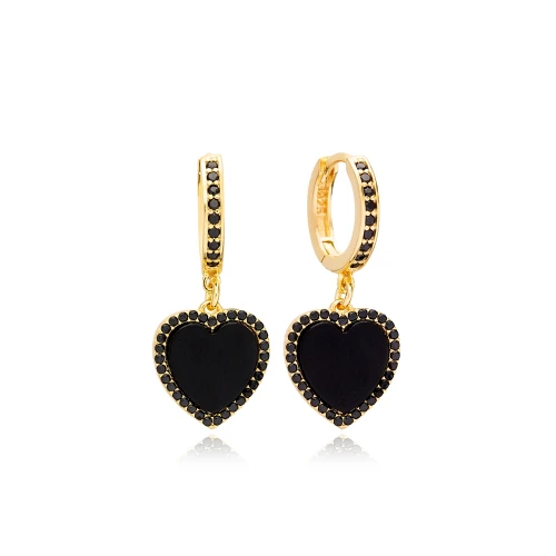 Mother Of Pearl Heart Black CZ Dangle Silver Earrings
